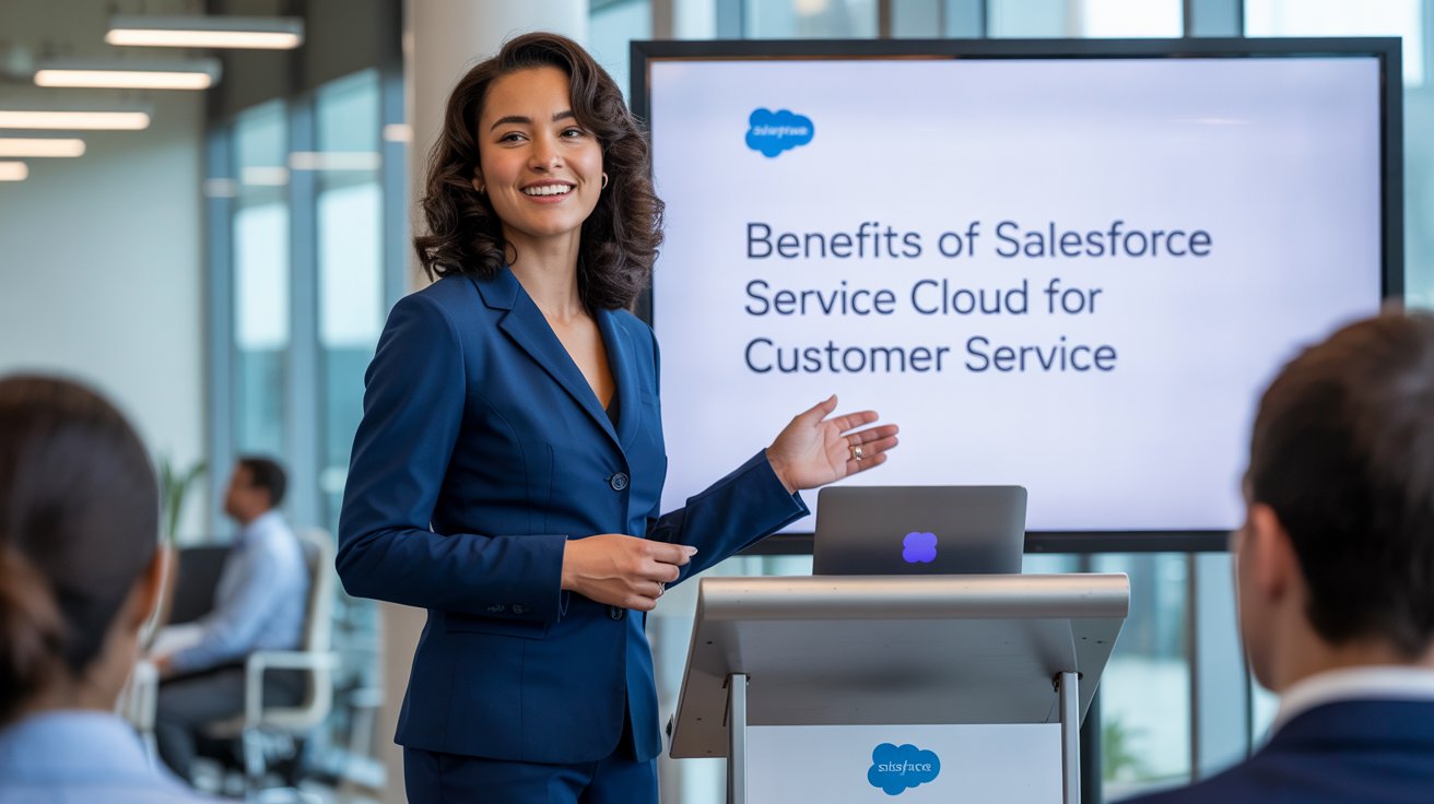 woman in blue suite explaining Benefits of Salesforce Service Cloud for Customer Service