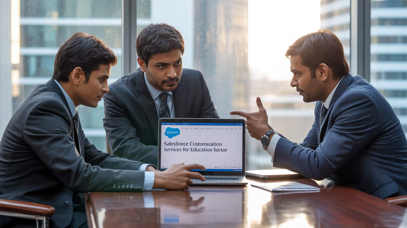 Professional salesforce team discussing team is discussing on Salesforce Customization Services for Education Sector