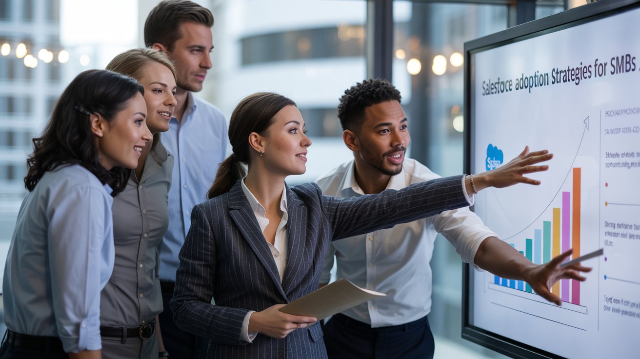 Group of employees are discussing Salesforce Adoption Strategies for SMBs