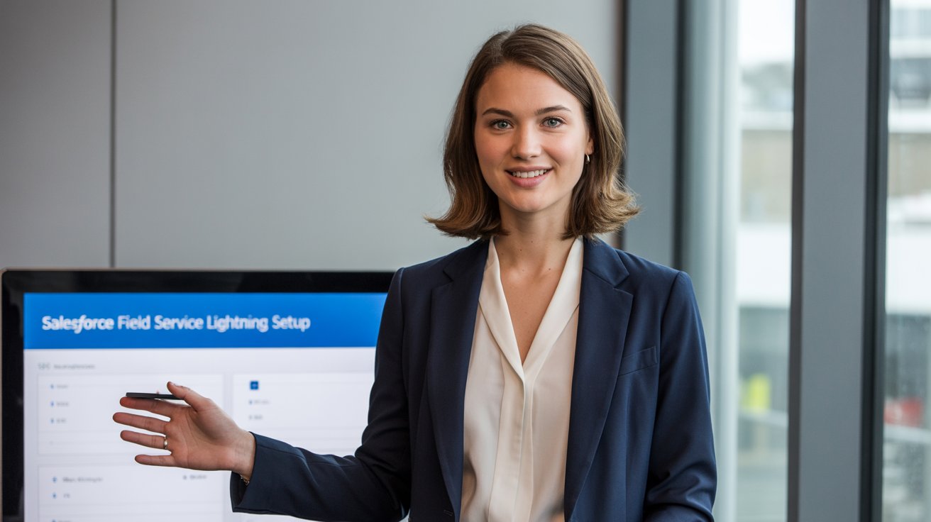 Professional girl wearing blue suite Salesforce Field giving Service Lightning Setup Tips