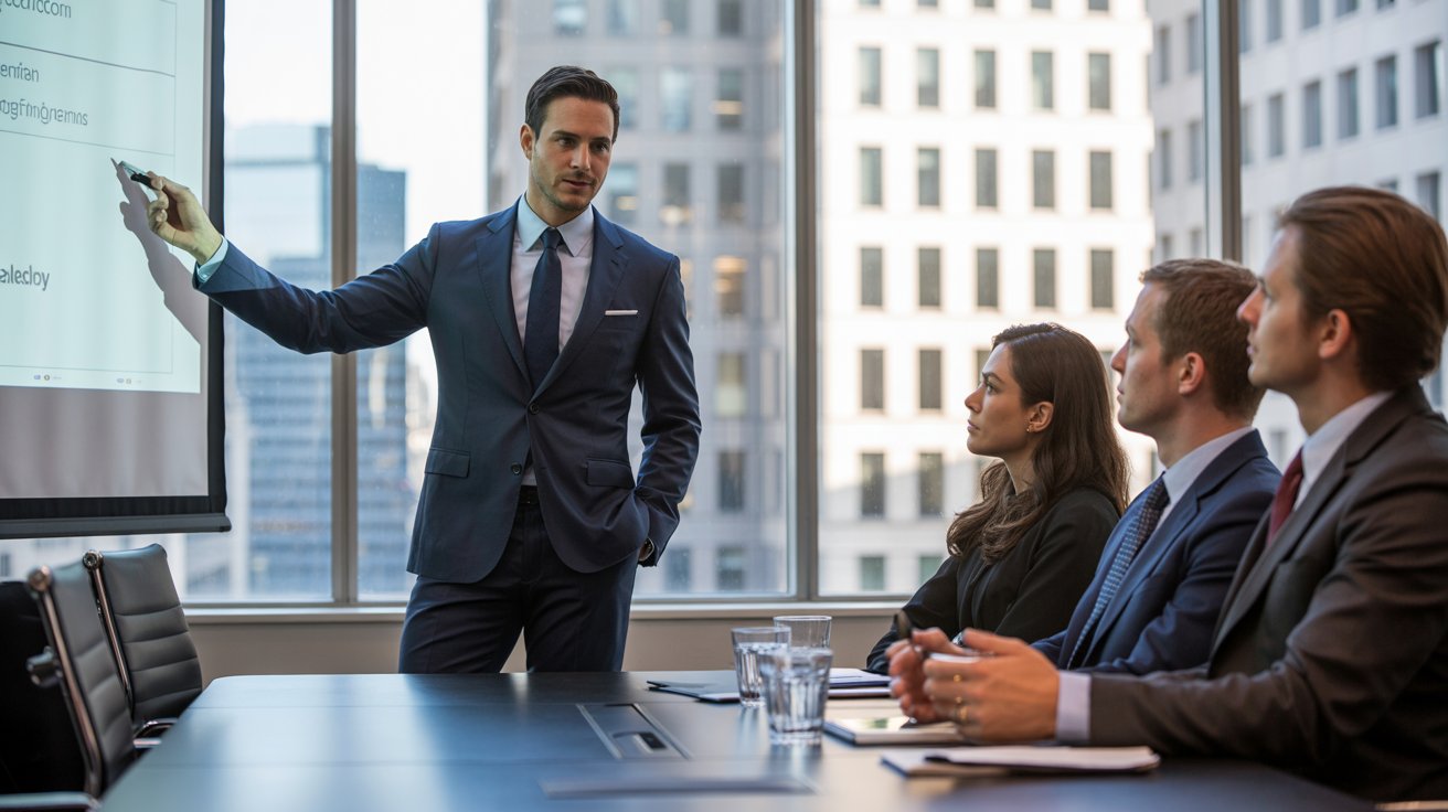 man in suite giving Salesforce Implementation Cost Breakdown Explanation to client